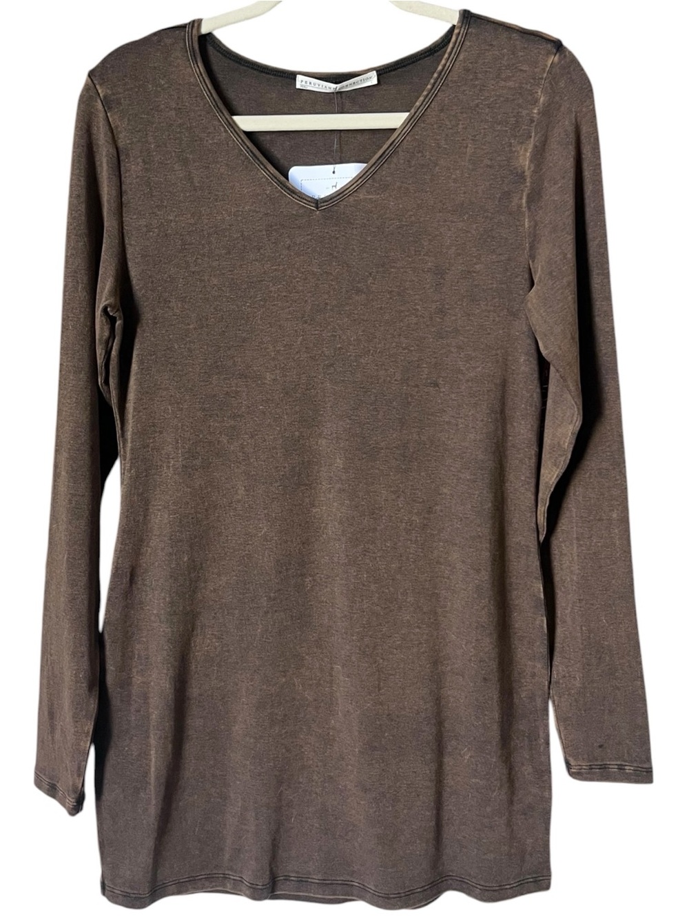 Peruvian Connection Tiger Eye Long Ribbed Tunic Stretch Tee Size Large Brown